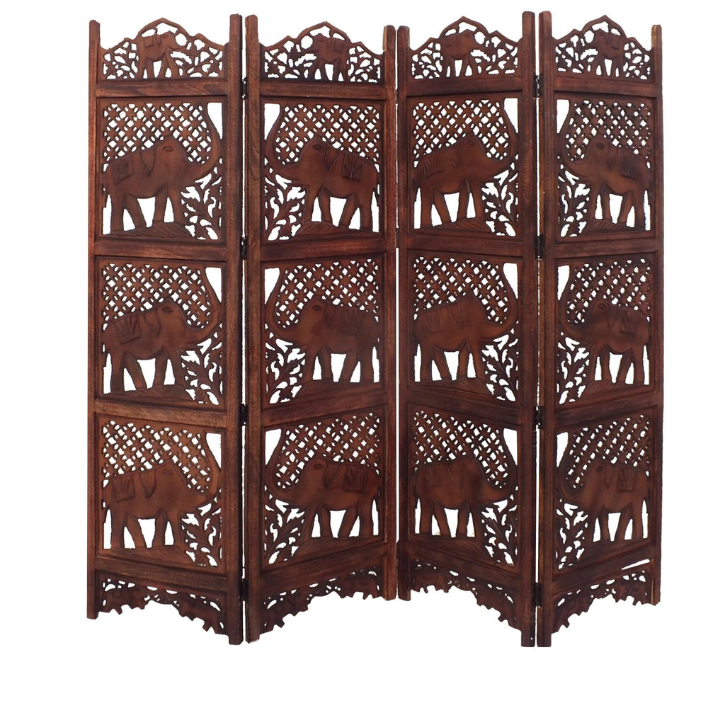 Hand Carved Elephant Design Foldable 4 Panel Wooden Room Divider Brown 8' X - Diamond Home USA
