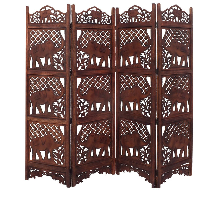 Hand Carved Elephant Design Foldable 4 Panel Wooden Room Divider Brown 8' X - Diamond Home USA
