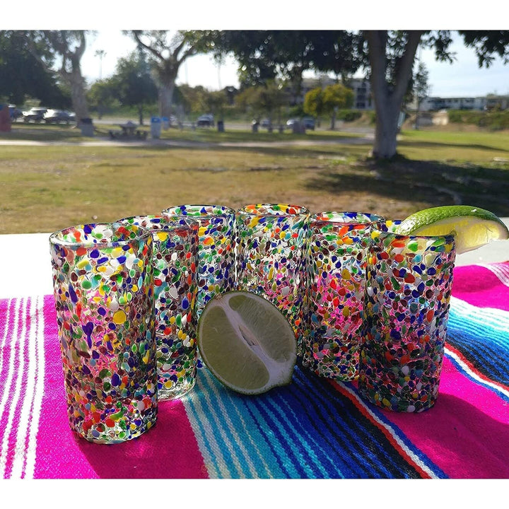 Hand Blown Mexican Tequila Glasses Set Of 6 Confetti Design Shot (2 Oz Each) - Diamond Home USA