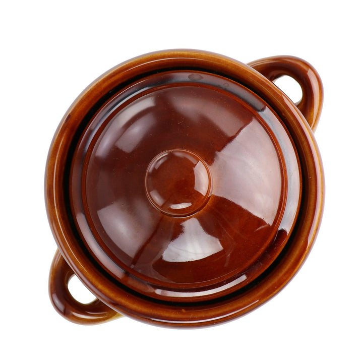 4 Piece Double Handle 15 Ounce French Onion Soup Bowl With Lid Brown Banded - Diamond Home USA