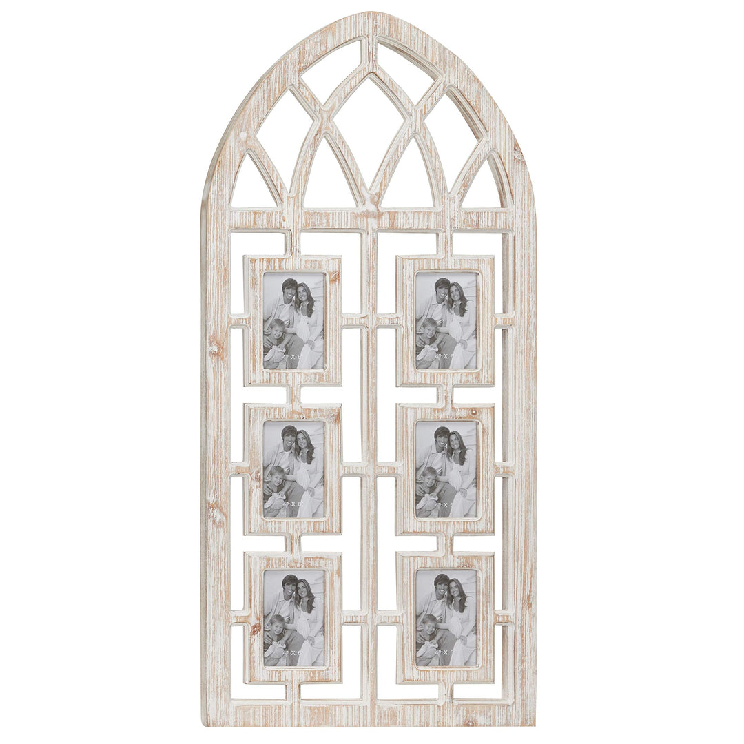 Whitewashed Cathedral Wood Picture Frame Photo Collage Wall W 6 Holders 19" X