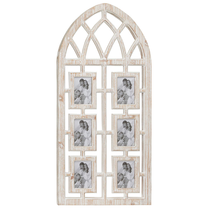 Whitewashed Cathedral Wood Picture Frame Photo Collage Wall W 6 Holders 19" X