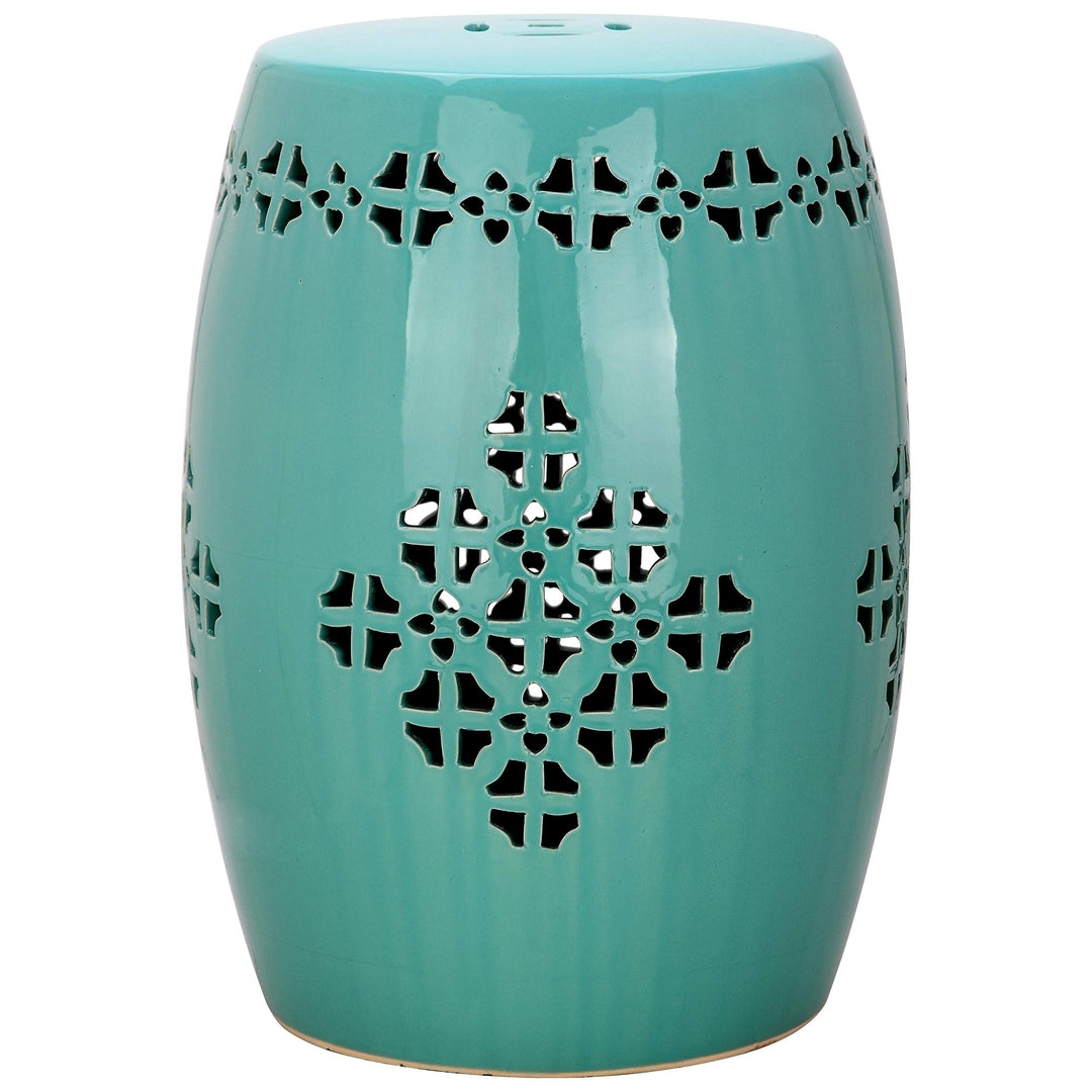 Quatrefoil Aqua Garden Stool - 14" X 18" Oriental Ceramic - Diamond Home USA