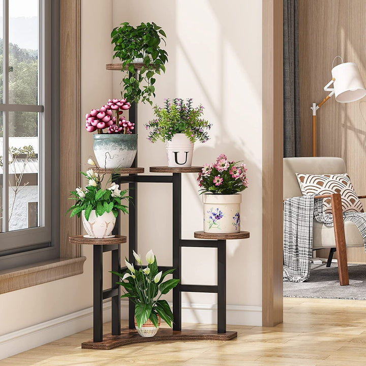 Corner Plant Stand Indoor 6 Tiered Shelf Flower Brown Metal Wood - Diamond Home USA