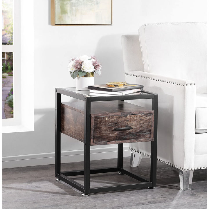 Industrial 1-Drawer End Table Nightstand with Glass Top Black Modern