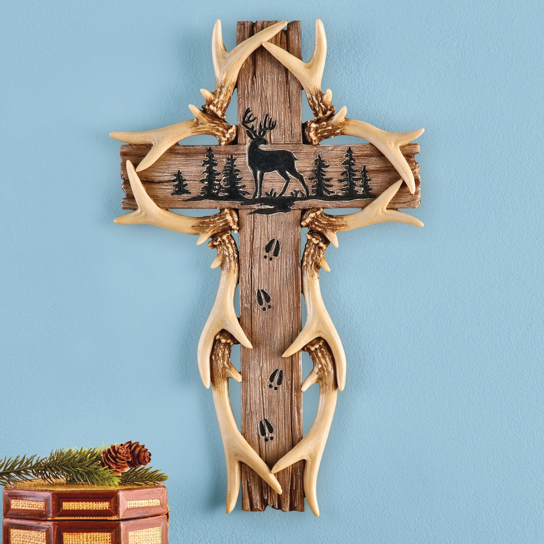 Realistic Deer Antlers And Rustic Wood-look Wall Art Cross Brown Traditional - Diamond Home USA