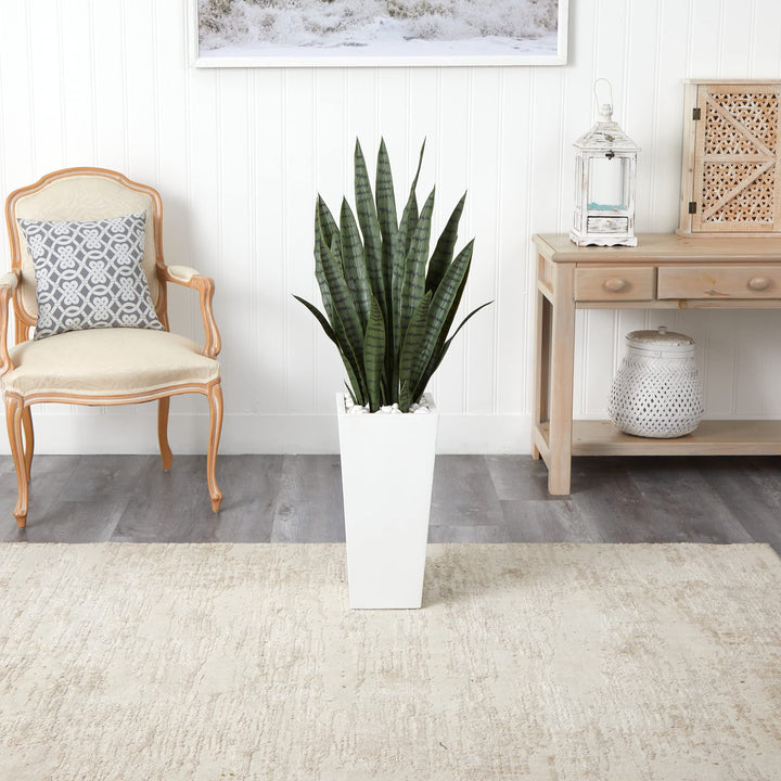 Nearly Natural 4’ Sansevieria Artificial White Tower Planter Silk Plants Green - Diamond Home USA