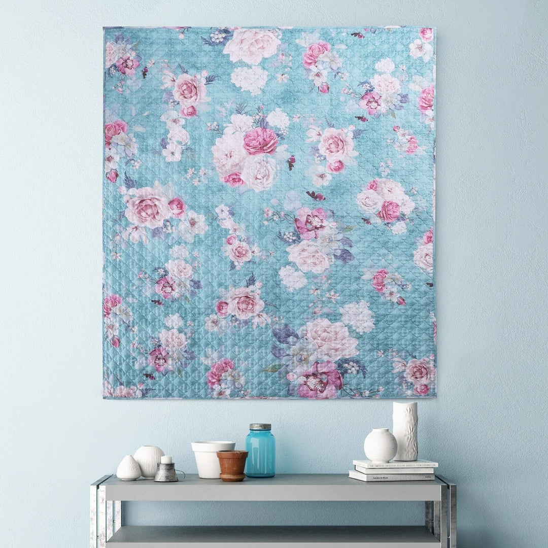Turquoise Blue Reversible Throw Blanket Green Pink Floral Solid Color Microfiber - Diamond Home USA