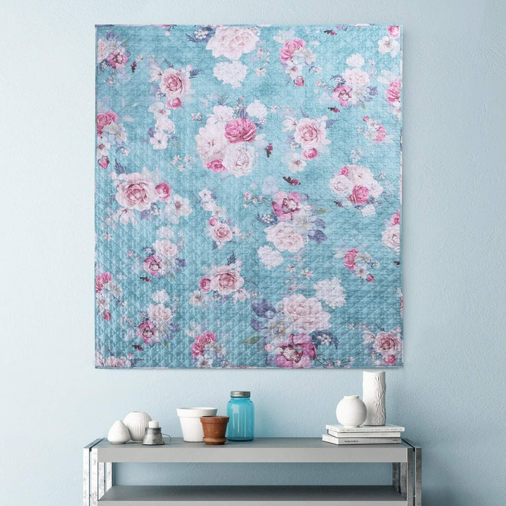 Turquoise Blue Reversible Throw Blanket Green Pink Floral Solid Color Microfiber - Diamond Home USA