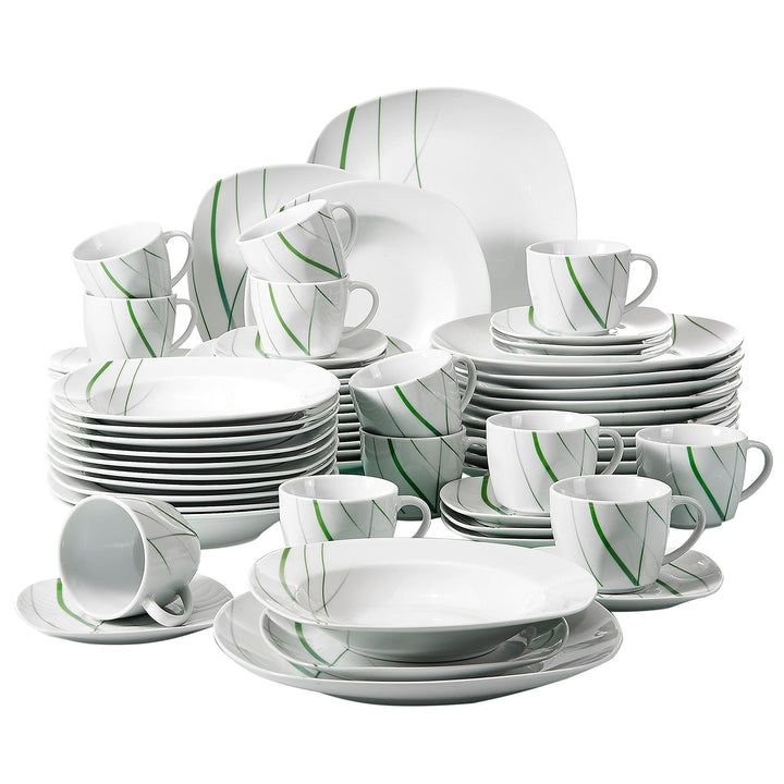 60-piece Ceramic Dinnerware Set Green Stripe Patterns Plate Sets White Solid