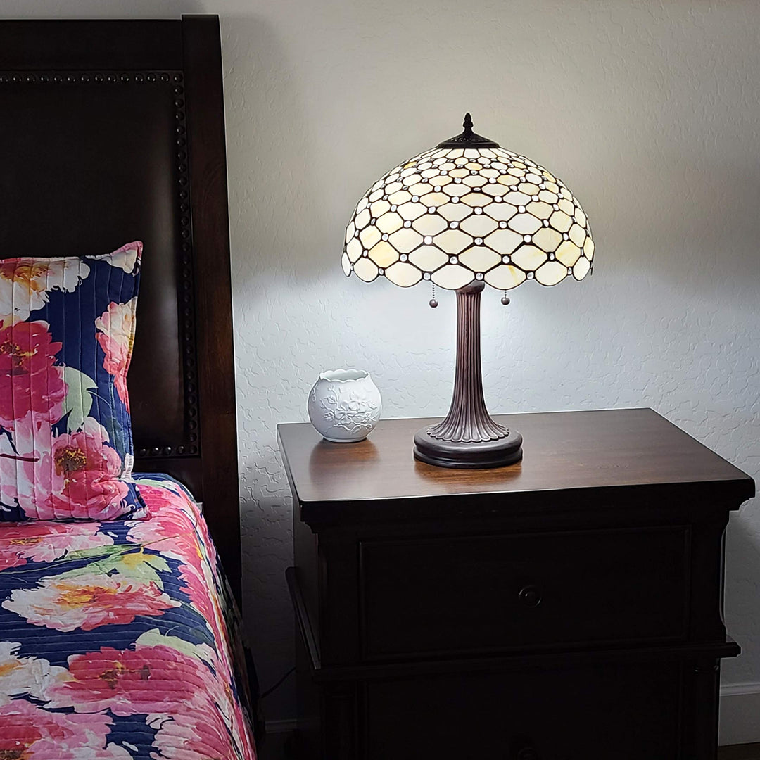 Tiffany Style Table Lamp Banker Jeweled 26" Tall ned Glass White Yellow Clear/White - Diamond Home USA