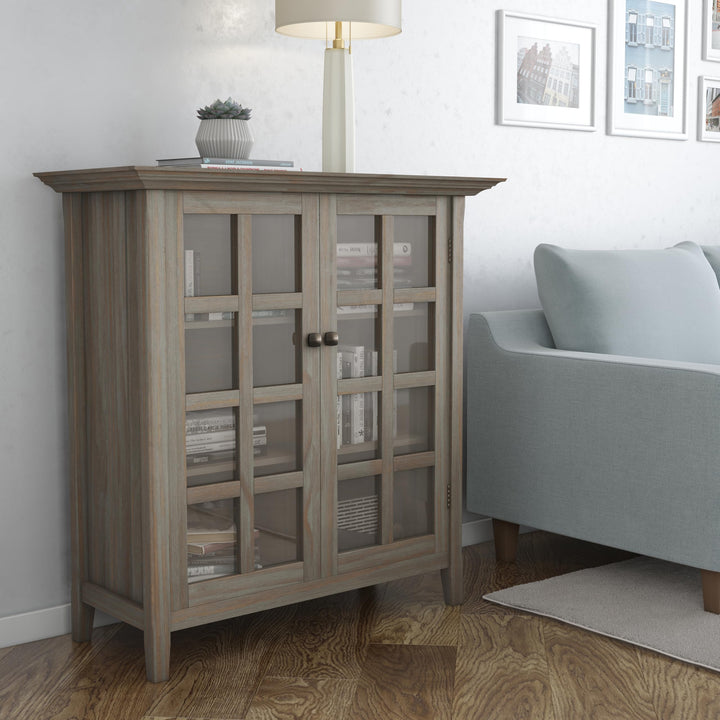 SIMPLIHOME Acadan SOLID WOOD 39 nch Wde Transtonal Medum Storage Cabnet Distressed