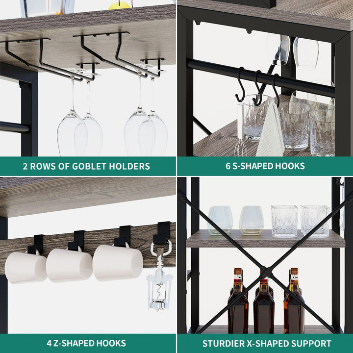 6-Tier Bakers Rack with Power Coffee Bar Station Wine Glass Holder and Microwave Grey - Diamond Home USA