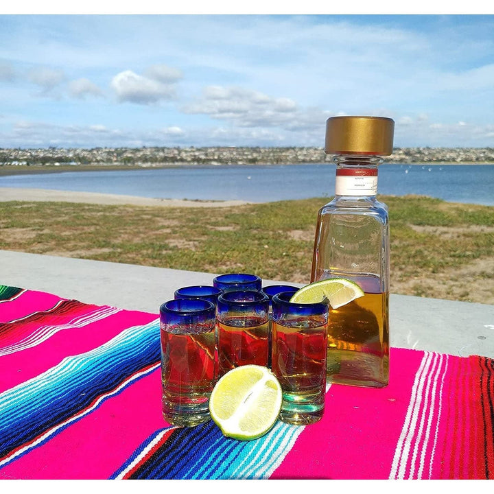 Hand Blown Mexican Tequila Shot sses Set Of 6 Cobalt Blue Rim (2 Oz Each) - Diamond Home USA
