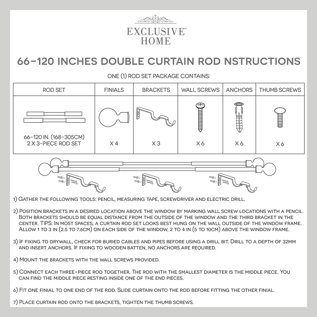 Exclusive Home Napoleon Double Curtain Rod and Finial Set Matte Silver 66"-120" - Diamond Home USA