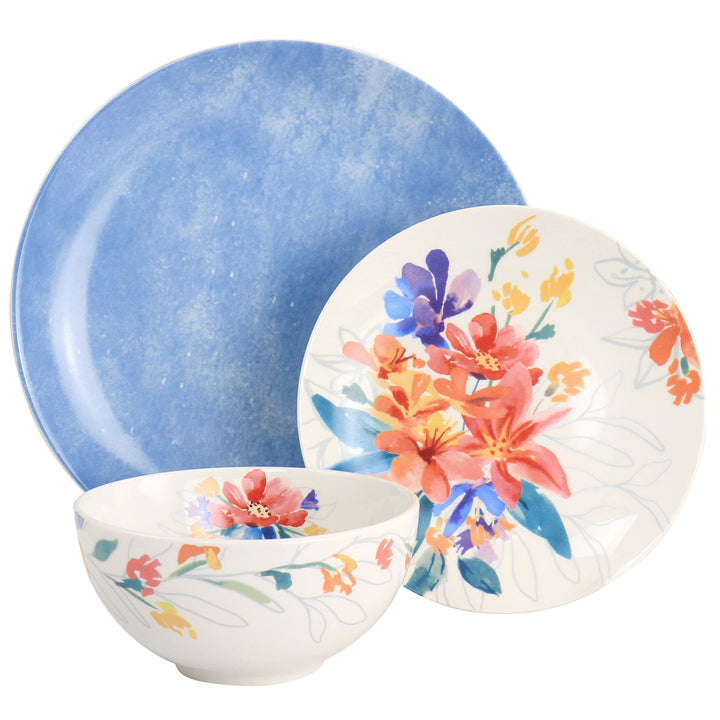 Blossom 12 Pc Ceramic Dinnerware Set In Blue Pc Floral Casual Round Piece - Diamond Home USA