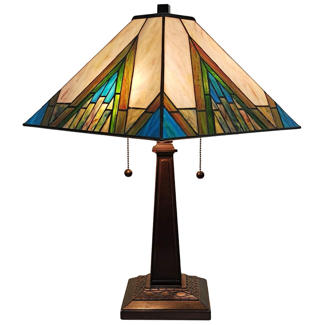 Tiffany Style Table Lamp Banker Mission 22" Tall Stained Glass Ivory Green