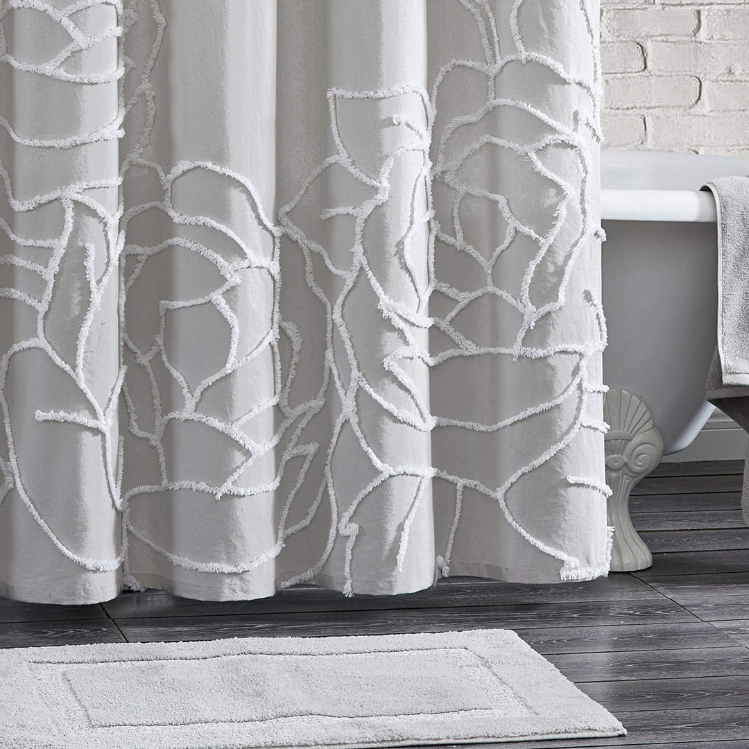 Rose Chenille Tufted Floral Shower Curtain Grey Cottage Farmhouse Modern - Diamond Home USA