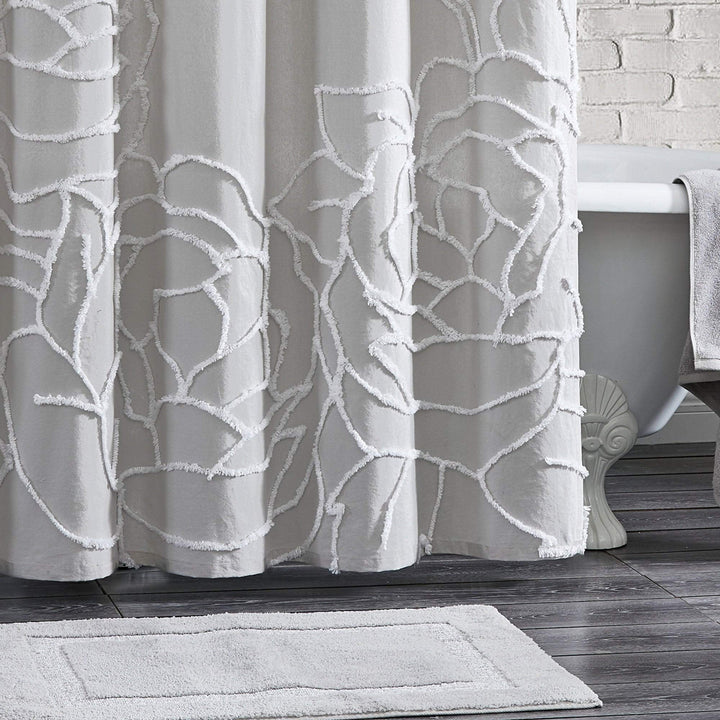 Rose Chenille Tufted Floral Shower Curtain Grey Cottage Farmhouse Modern - Diamond Home USA