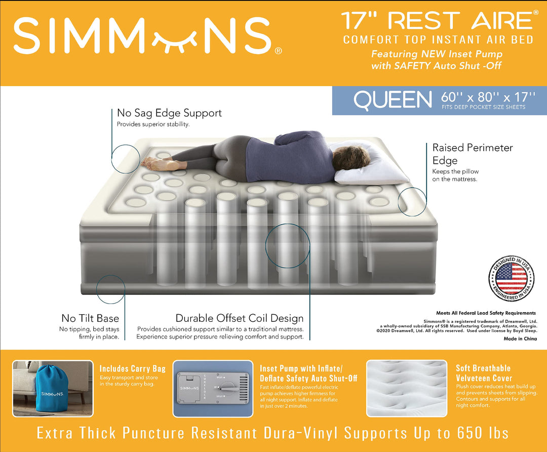 Simmons Rest Aire Mattress Air Bed with Side Built-in Pump and Soft Velveteen Queen - Diamond Home USA