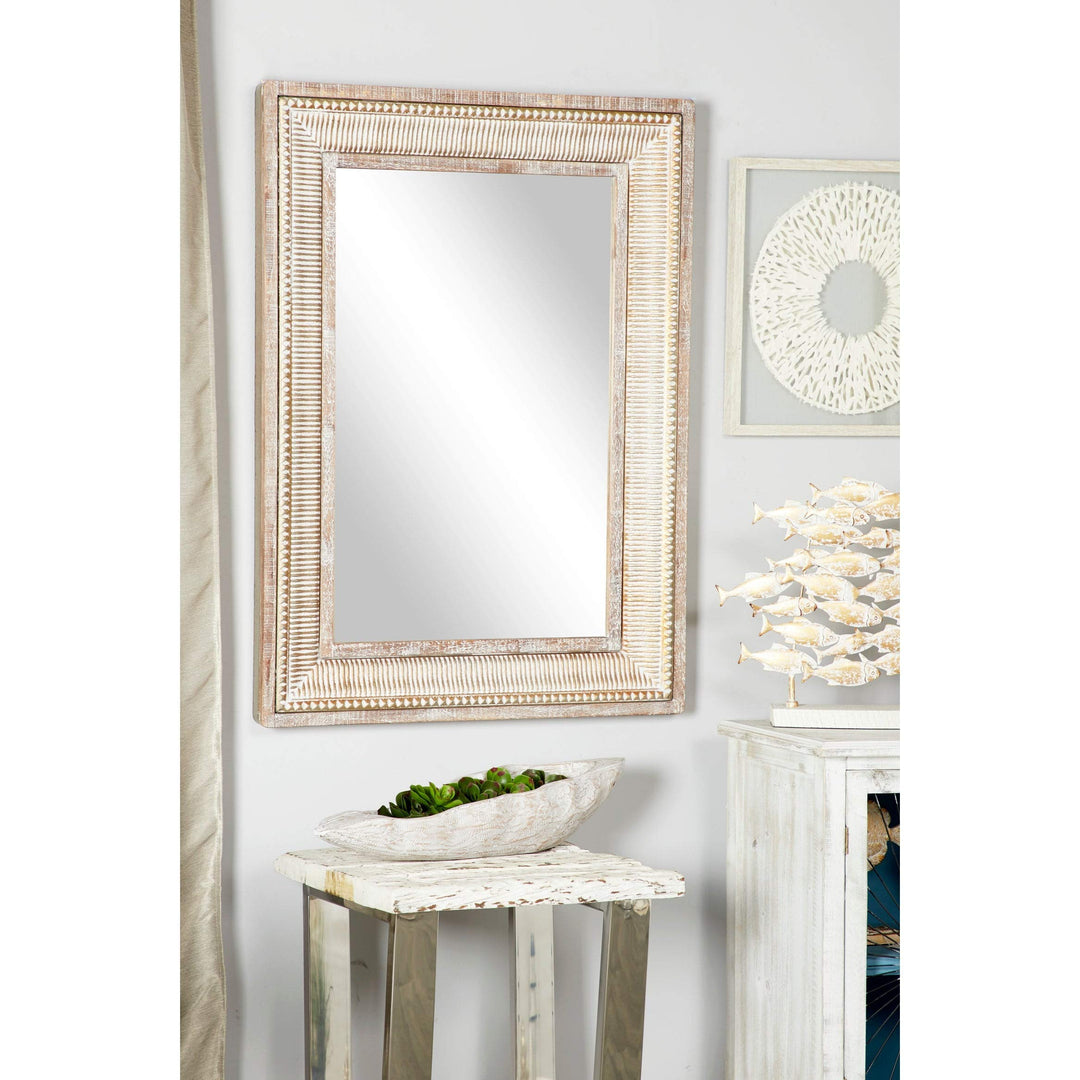 Farmhouse Style Large Rectangular Whitewashed Wood and Gold Metal Wall Mirror - Diamond Home USA