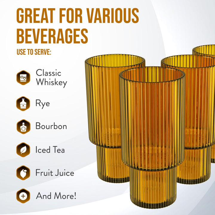 American Atelier Vintage Art Deco Fluted Drinking Glasses|Ribbed Glassware for 11 oz. - Amber - Diamond Home USA