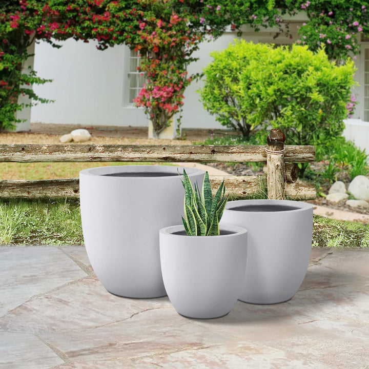 18" 14" 10" D Round Solid White Concrete Planter (Set of 3) Outdoor Flower Pot - Diamond Home USA