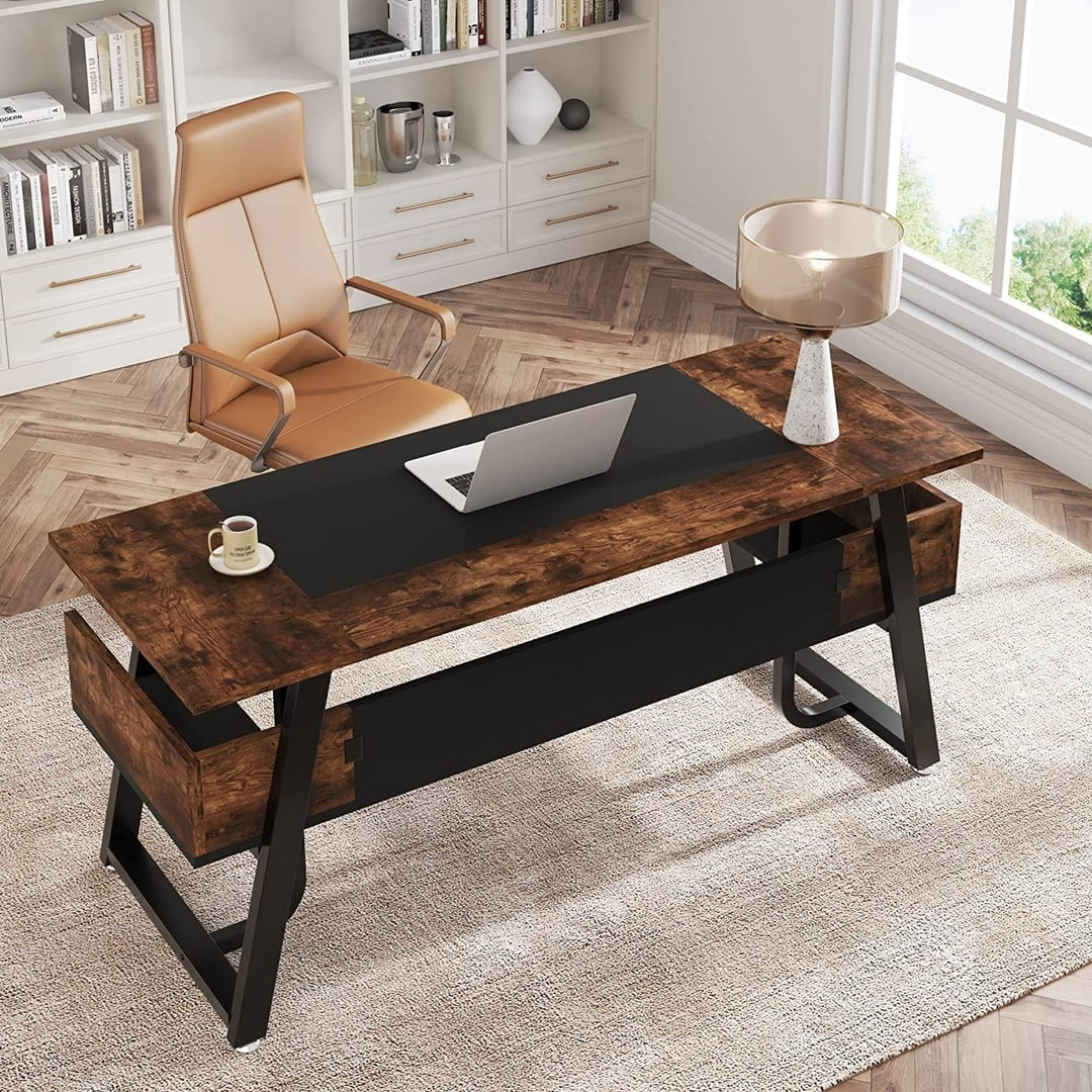 63 Inch Large Executive Desk Computer with Storage Shelf Brown Vintage - Diamond Home USA