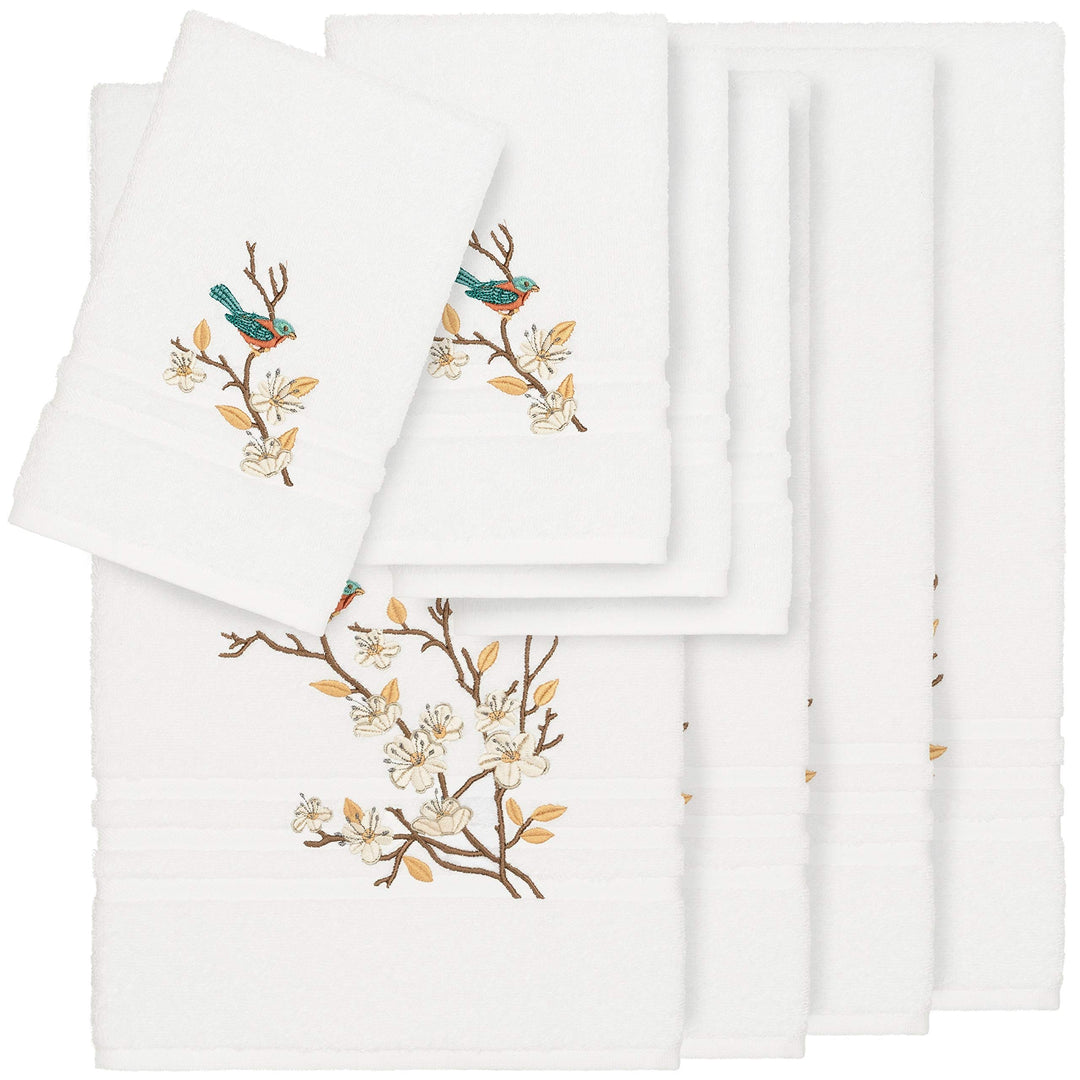 Turkish Cotton Blue Bird Embroidered White 8-Piece Towel Set Terry Cloth