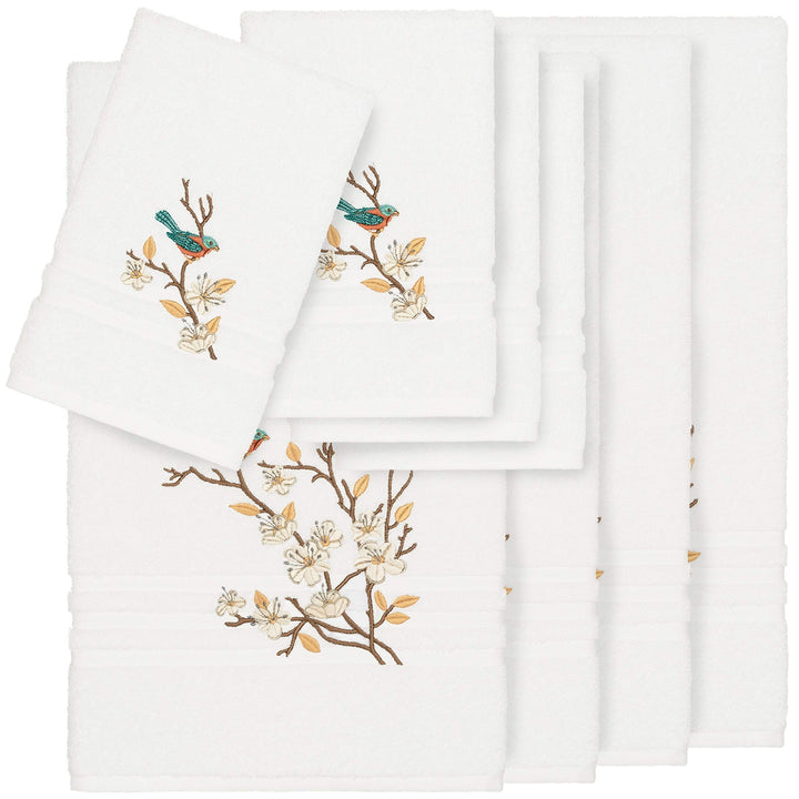 Turkish Cotton Blue Bird Embroidered White 8-Piece Towel Set Terry Cloth