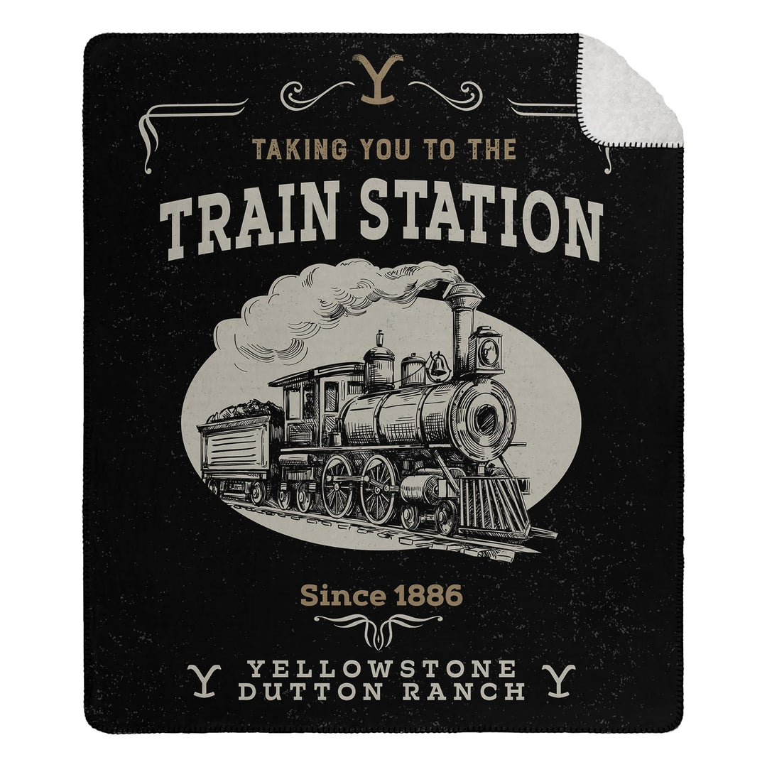 Yellowstone Train Station Silk Touch Sherpa Rev Black Graphic Print Country