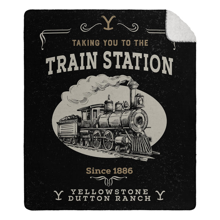 Yellowstone Train Station Silk Touch Sherpa Rev Black Graphic Print Country