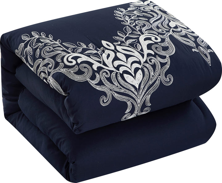 Stratford Park Damask 7 Piece Comforter Set Navy/Blue Queen Patchwork Decorative - Diamond Home USA