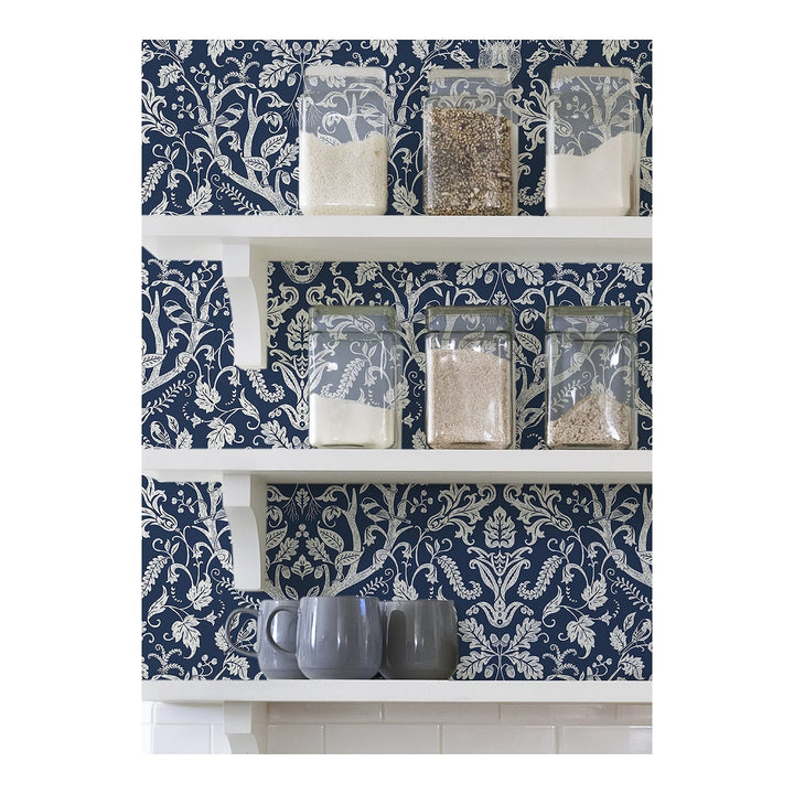 Navy Escape to The Forest Peel Stick W X 20.5in Blue Damask Wildlife Vinyl - Diamond Home USA
