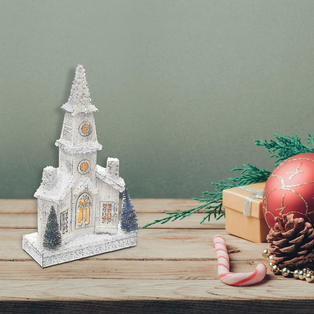 Christmas Led Snow Covered Church 15.75" White Wood - Diamond Home USA