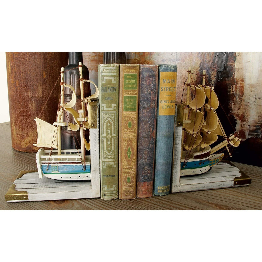 Nautical Trade Ship Book Ends Yellow Bohemian Eclectic Acacia Brushed