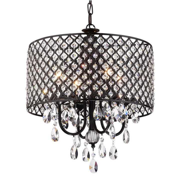 Black 4-Light Round Beaded Drum Chandelier with Crystals Hanging Glam Modern - Diamond Home USA