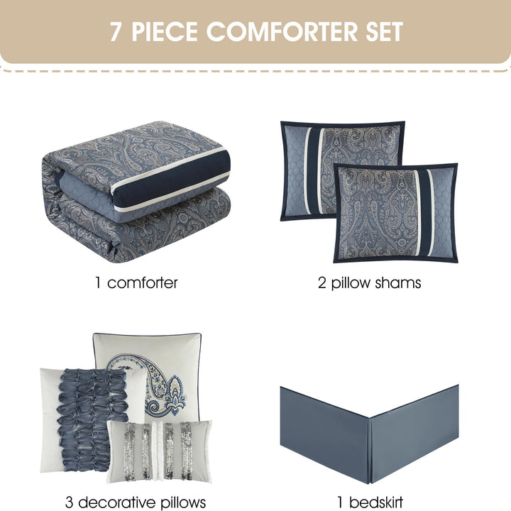 Stratford Park Perfect Paisley 7 Piece Comforter Set Navy/Blue/White Bed Size Queen