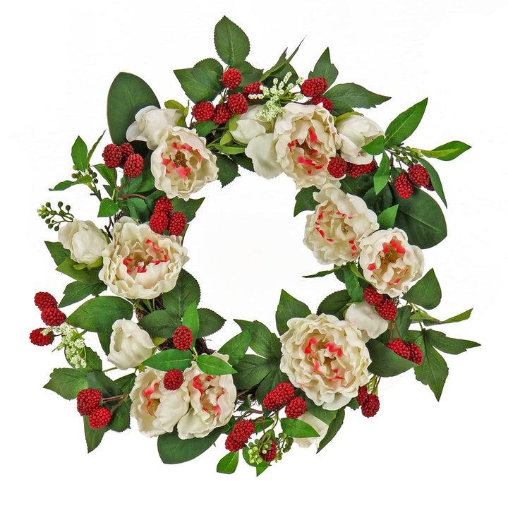 22" Peony and Raspberry Wreath Beige Traditional Polyester Unlit