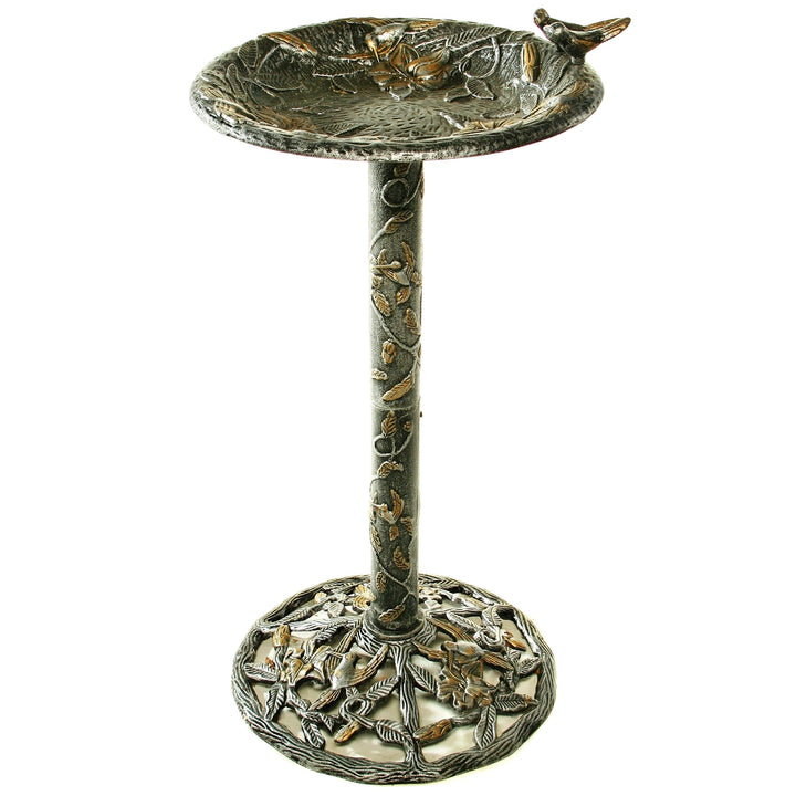 Premium Hummingbird Bird Bath - Silver Black Brown Pedestal Aluminum Iron Brown/Black - Diamond Home USA