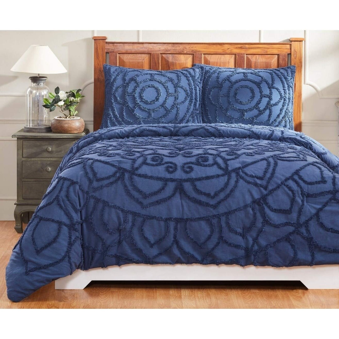 Navy Chenille Comforter Twin Set Floral Blue Tufted Bedding Textured Chenile Twin Comforter - Navy