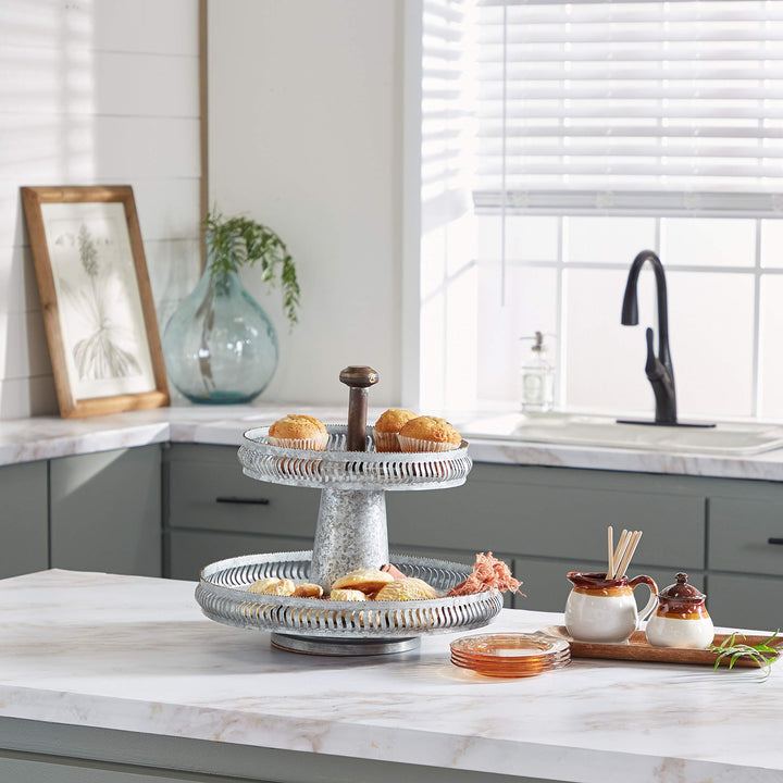 Round Silver Galvanized Metal 2 Tier Tray Stand 16 inch X 15 inch 16 X 15round - Diamond Home USA