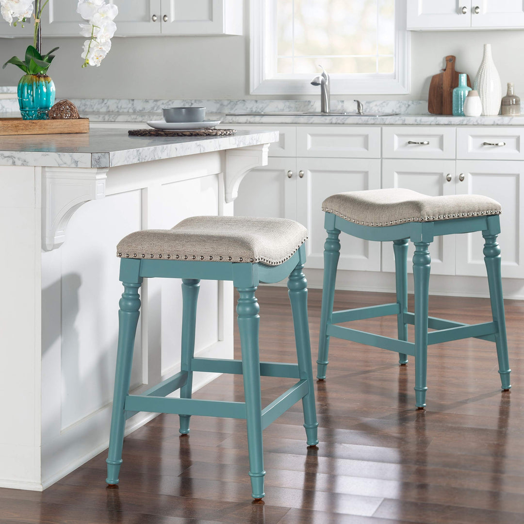 25 Inch Blue Saddle Counter Stool Farmhouse Nautical Coastal Fabric Wood Painted