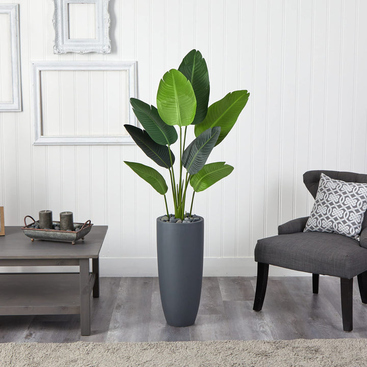 Nearly Natural 5.5’ Traveler's Palm Tree in Gray Planter Artificial Plant 22" - Diamond Home USA