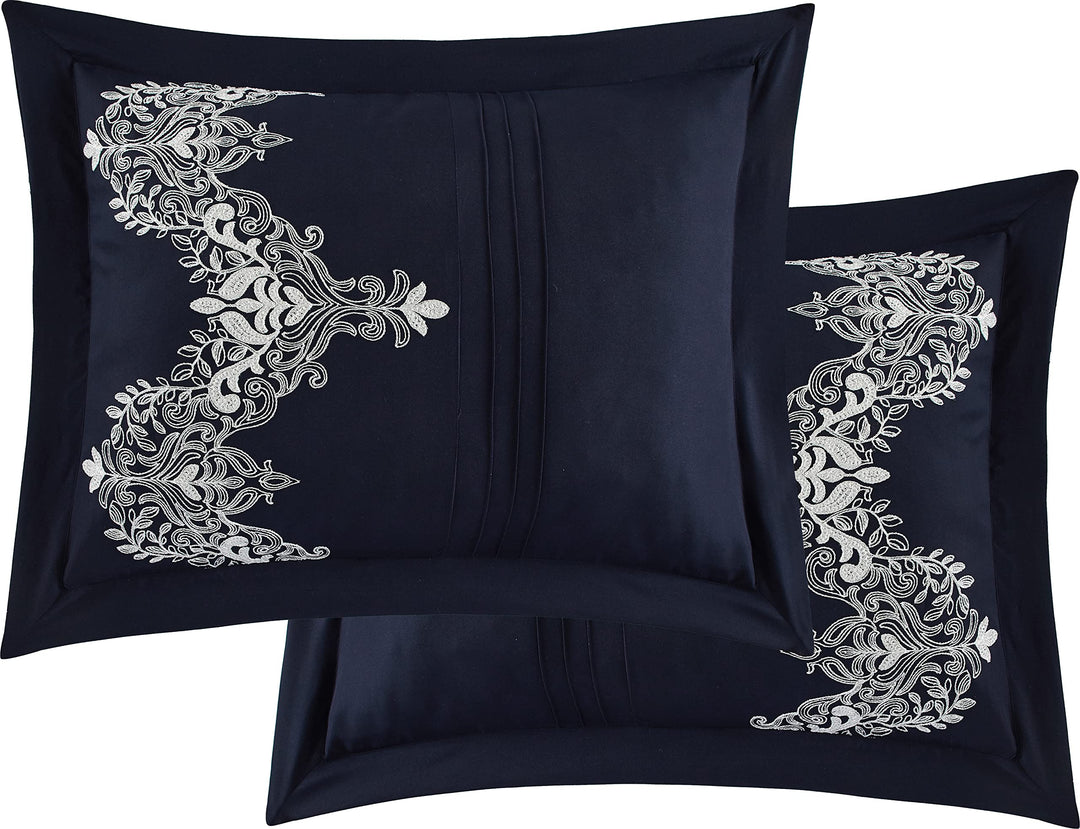 Stratford Park Damask 7 Piece Comforter Set Navy/Blue Queen Patchwork Decorative - Diamond Home USA