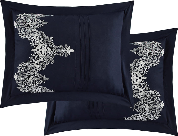 Stratford Park Damask 7 Piece Comforter Set Navy/Blue Queen Patchwork Decorative - Diamond Home USA