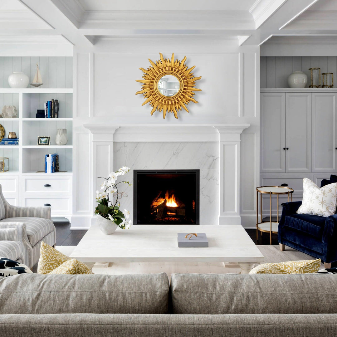 30-inch Art Gold Sunburst Round Framed Decorative Wall Mirror 2.5 in. D X 28.5 W - Diamond Home USA