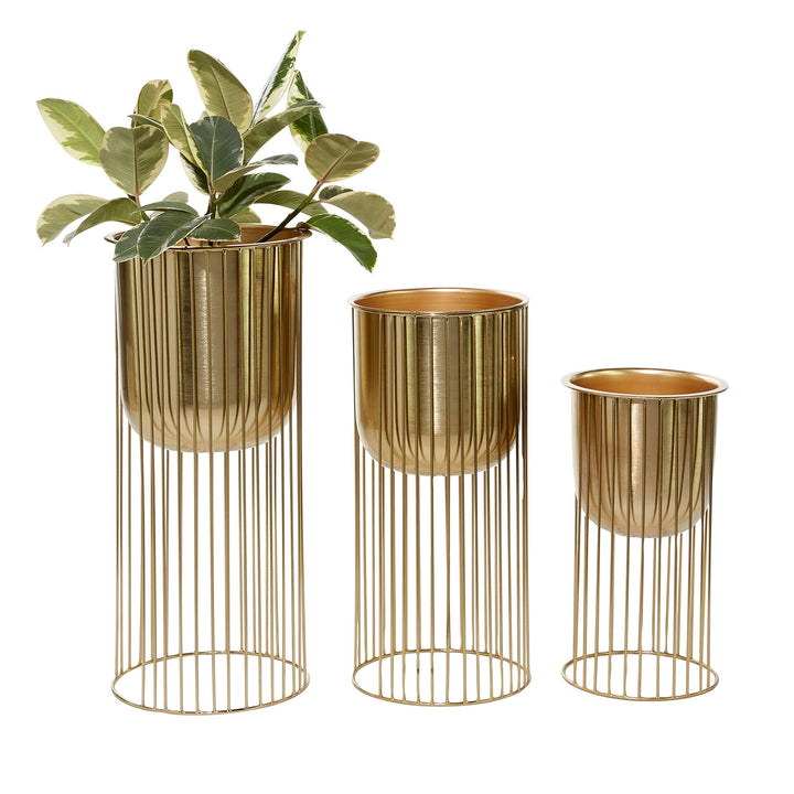 Large Eclectic Gold Metal Planters with Stands Set of 3 16" 21" 24" 11 X 24 - Diamond Home USA