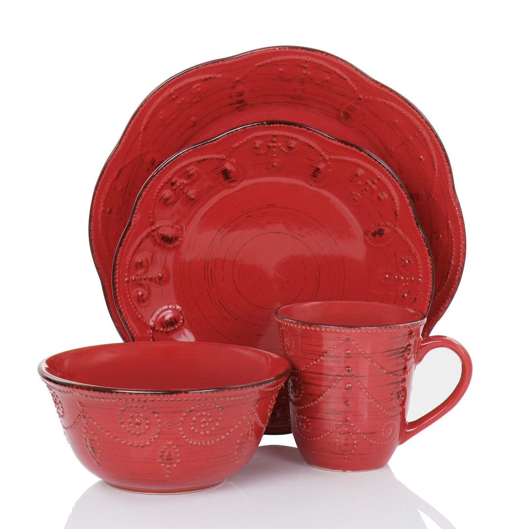 Rustic Birch 16 Piece Stoneware Dinnerware Set in Red Solid Casual Round - Diamond Home USA