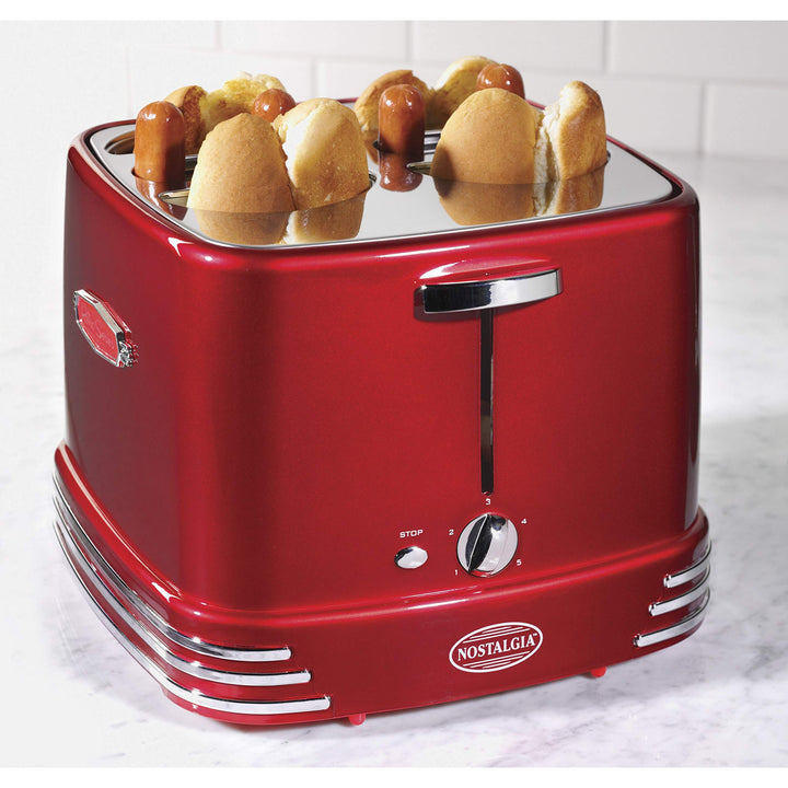 Red Retro Toaster Kitchen 4-Slot Hot Dogs And Buns Pop-Up Toaster Countertop